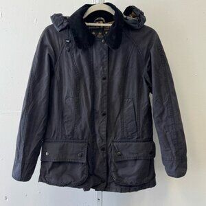 Barbour Women's Beadnell Waxed Coated Windbreaker Jacket Parka wth Hood Navy Sz4